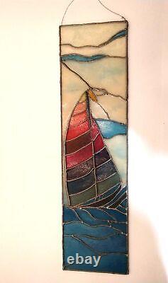 Stained Glass Sail Boat on Water 28 inches Panel Abstract Art