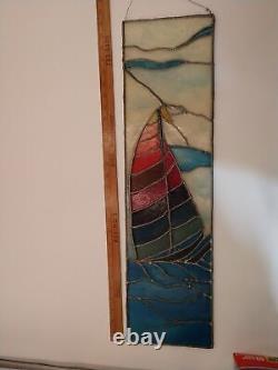 Stained Glass Sail Boat on Water 28 inches Panel Abstract Art