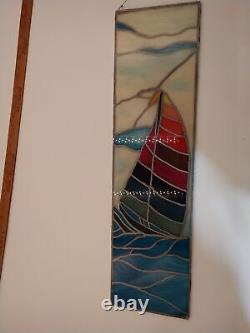 Stained Glass Sail Boat on Water 28 inches Panel Abstract Art