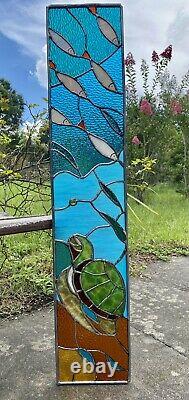 Stained Glass Sea Turtle Fish Seashells Transom Panel Window Nautical OOAK