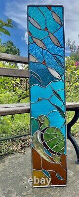 Stained Glass Sea Turtle Fish Seashells Transom Panel Window Nautical OOAK