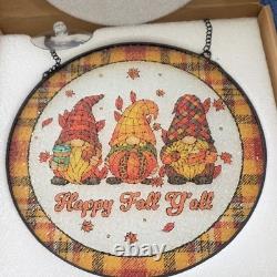 Stained Glass Suncatcher Multicolor Fall Gnome Pumpkin Leaf Hanging Window Panel