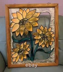 Stained Glass Sunflower wood Frame window panel suncatcher