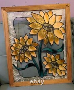 Stained Glass Sunflower wood Frame window panel suncatcher