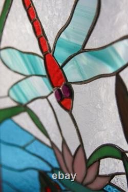 Stained Glass Tiffany Hanging Window Panel Frog in Pond with Firefly