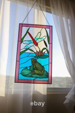Stained Glass Tiffany Hanging Window Panel Frog in Pond with Firefly