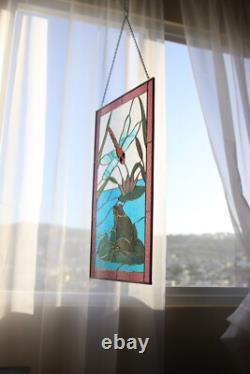 Stained Glass Tiffany Hanging Window Panel Frog in Pond with Firefly