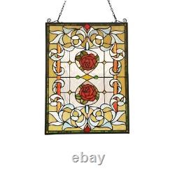Stained Glass Tiffany Style Hanging Window Panel Red Roses Floral Design