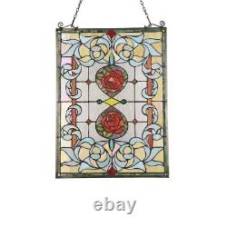 Stained Glass Tiffany Style Hanging Window Panel Red Roses Floral Design