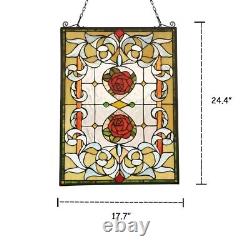 Stained Glass Tiffany Style Hanging Window Panel Red Roses Floral Design