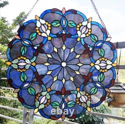 Stained Glass Tiffany Style Hanging Window Panel Round Victorian Design