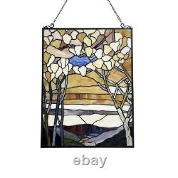 Stained Glass Tiffany Style Hanging Window Panel Scenic Tree Floral Design