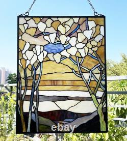 Stained Glass Tiffany Style Hanging Window Panel Scenic Tree Floral Design