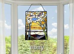 Stained Glass Tiffany Style Hanging Window Panel Tree Sunrise Design