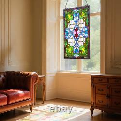 Stained Glass Tiffany Style Hanging Window Panel with Chain 17 x 29 Inches