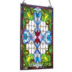Stained Glass Tiffany Style Hanging Window Panel with Chain 17 x 29 Inches