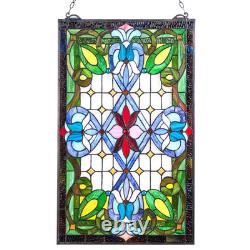 Stained Glass Tiffany Style Hanging Window Panel with Chain 17 x 29 Inches