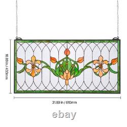 Stained Glass Tiffany Style Hanging Window Panel with Chain 32 x 17 Inches