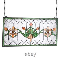 Stained Glass Tiffany Style Hanging Window Panel with Chain 32 x 17 Inches