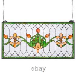 Stained Glass Tiffany Style Hanging Window Panel with Chain 32 x 17 Inches