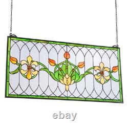 Stained Glass Tiffany Style Hanging Window Panel with Chain 32 x 17 Inches