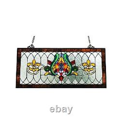 Stained Glass Tiffany Style Transom Window Panel Fleur de Lis Pub Design 14 x 30