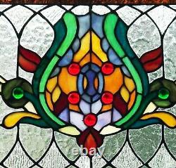 Stained Glass Tiffany Style Transom Window Panel Fleur de Lis Pub Design 14 x 30