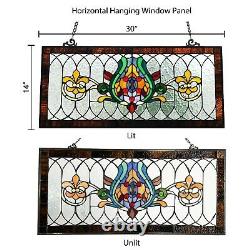 Stained Glass Tiffany Style Transom Window Panel Fleur de Lis Pub Design 14 x 30