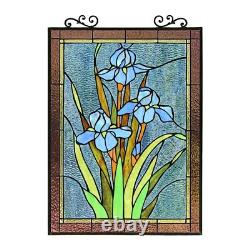 Stained Glass Tiffany Style Window Panel Blue Iris Floral Flower Design