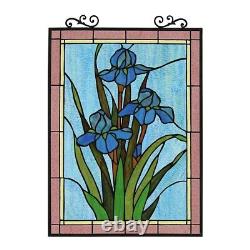 Stained Glass Tiffany Style Window Panel Blue Iris Floral Flower Design