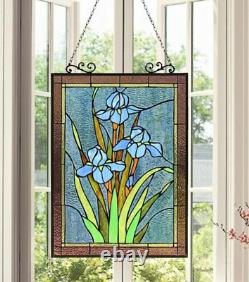 Stained Glass Tiffany Style Window Panel Blue Iris Floral Flower Design