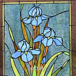 Stained Glass Tiffany Style Window Panel Blue Iris Floral Flower Design