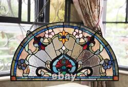 Stained Glass Tiffany Style Window Panel Hanging Victorian Semi Circle 24 In W