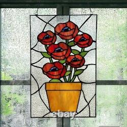 Stained Glass Tiffany Style Window Panel Red Peony/Poppy Window 10 W x 16 H