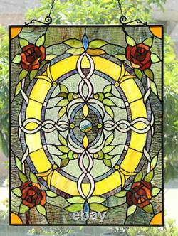 Stained Glass Tiffany Style Window Panel Rose Flower Floral Design 24.8H