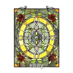 Stained Glass Tiffany Style Window Panel Rose Flower Floral Design 24.8H