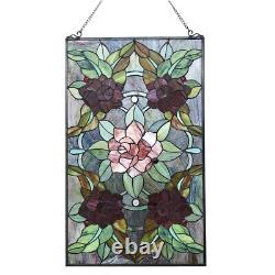 Stained Glass Tiffany Style Window Panel Rose Flower Floral Design 32H