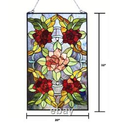 Stained Glass Tiffany Style Window Panel Rose Flower Floral Design 32H
