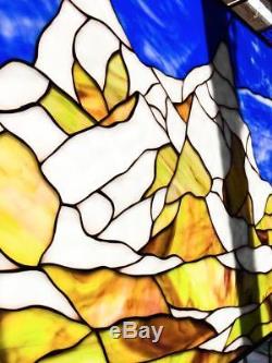 Stained Glass Tiffany Style Window Panel Snowy Mountains skiing Winter Landscape