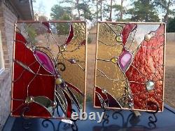 Stained Glass Transom Abstract Panel Suncatcher with Brazilian Agate  Set of 2