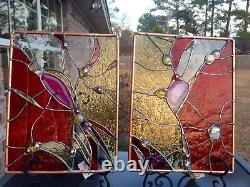 Stained Glass Transom Abstract Panel Suncatcher with Brazilian Agate  Set of 2