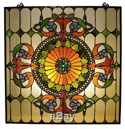 Stained Glass Victorian Design Window Panel 25 X 25 Handcrafted Bronze Finish
