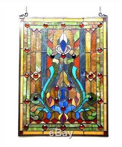 Stained Glass Vintage Victorian Design Tiffany Style Window Panel 18 W x 25 T