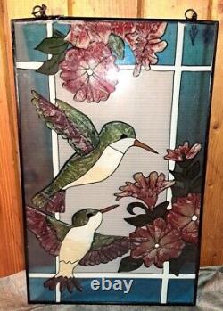 Stained Glass Window Art Panel Hummingbird & Flowers Sun Catcher 16 x 10