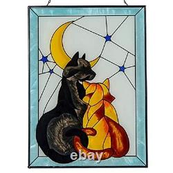 Stained Glass Window Hanging, Cat Stained Glass Panels with Metal Chain Hand