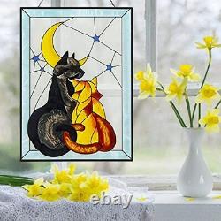 Stained Glass Window Hanging, Cat Stained Glass Panels with Metal Chain Hand