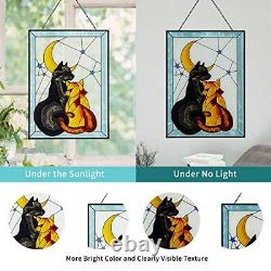 Stained Glass Window Hanging, Cat Stained Glass Panels with Metal Chain Hand