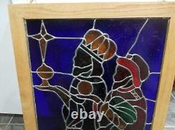Stained Glass Window Hanging Framed Panel 23 x 18 Three Wise Men Religious