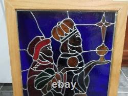 Stained Glass Window Hanging Framed Panel 23 x 18 Three Wise Men Religious