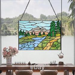 Stained Glass Window Hanging Handicraft Green Tree Rectangular Glass Window P